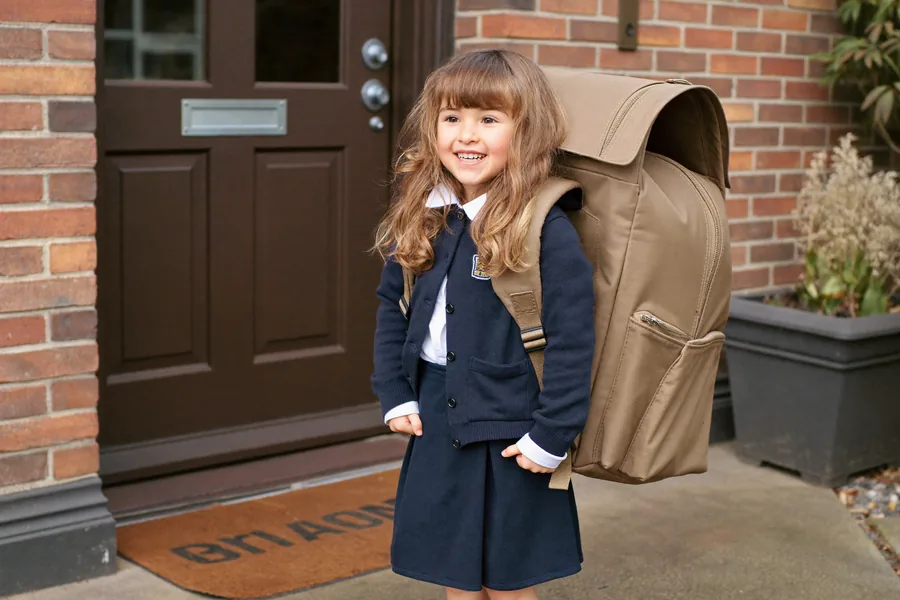 A small girl in school uniform on a doorstep on her first day
